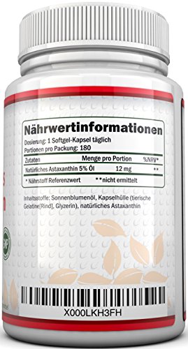 Astaxanthin 12 mg hochdosiert - 6-Monats-Versorgung - 180 Softgel-Kapseln - Nahrungsergänzungsmittel von Nu U Nutrition - 3